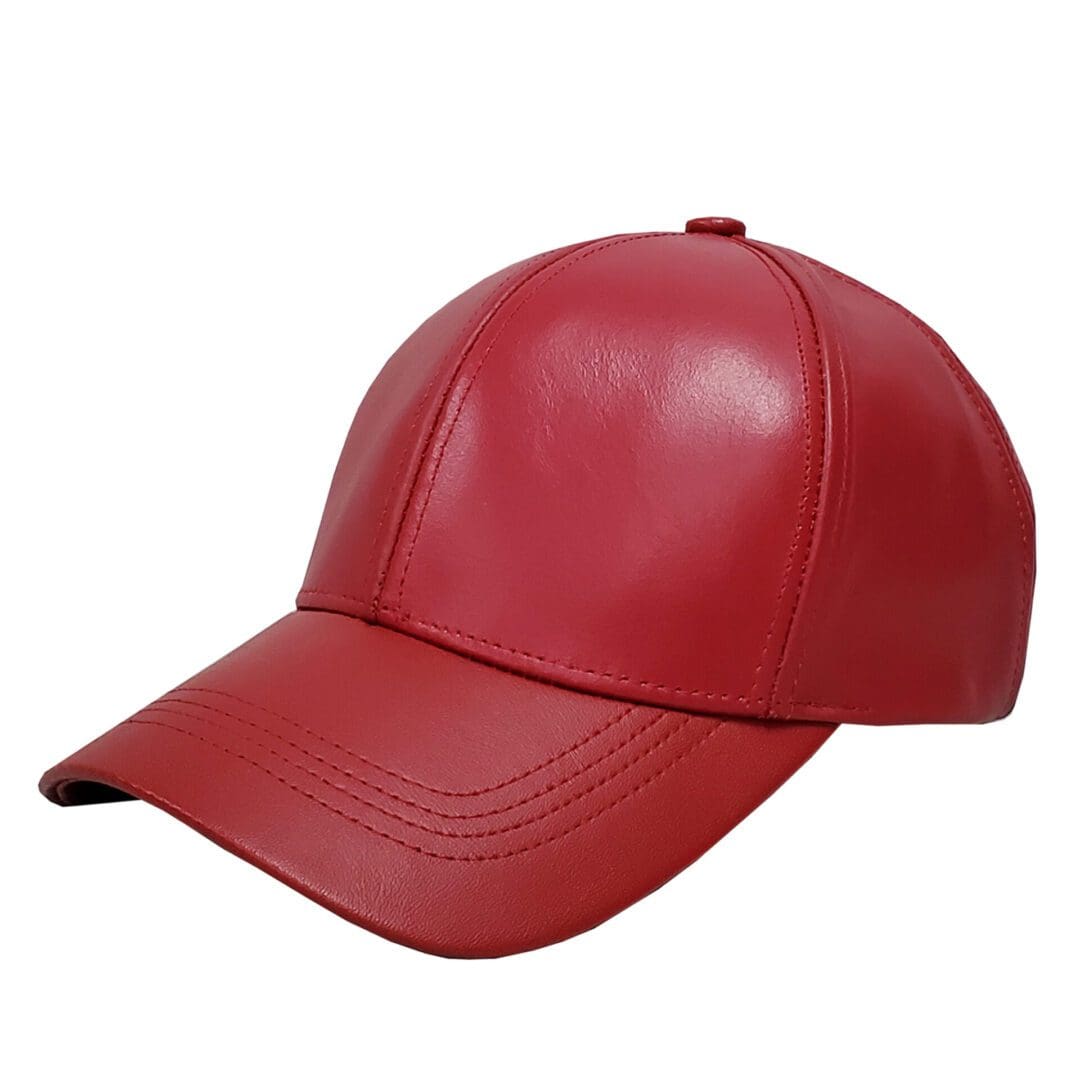 A red leather baseball cap is shown.