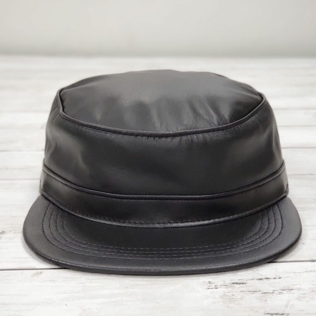 Black Cowhide Leather Military Cadet Cap front