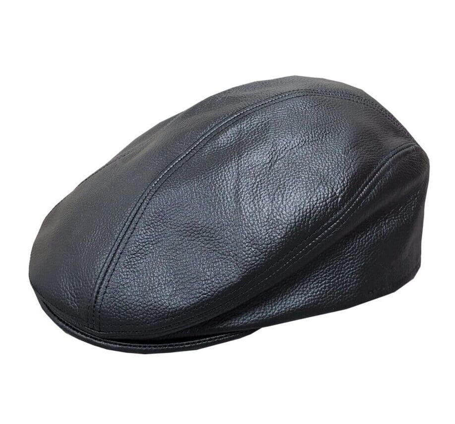 A black leather hat is shown with no background.