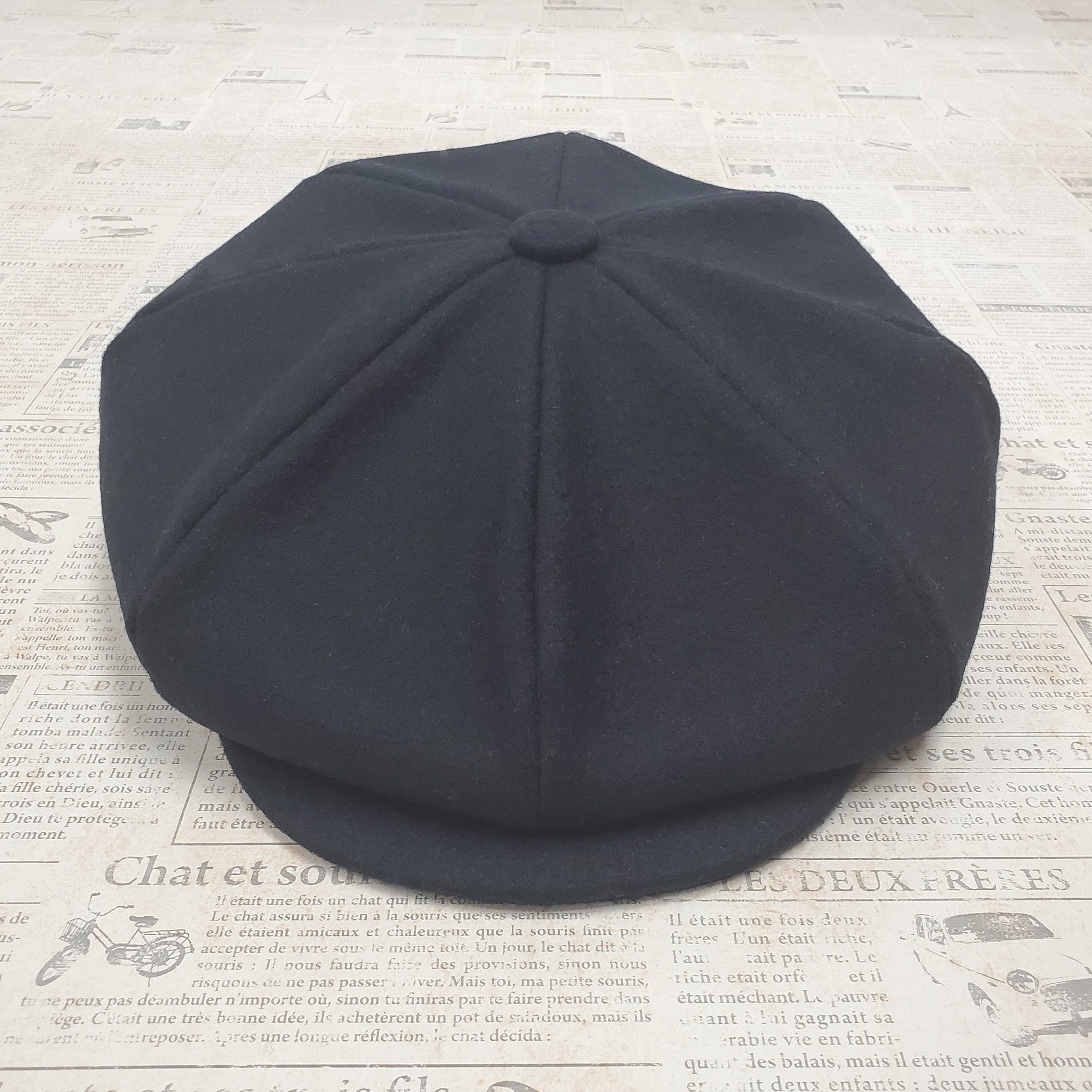 Wool Apple Newsboy Cap- Black