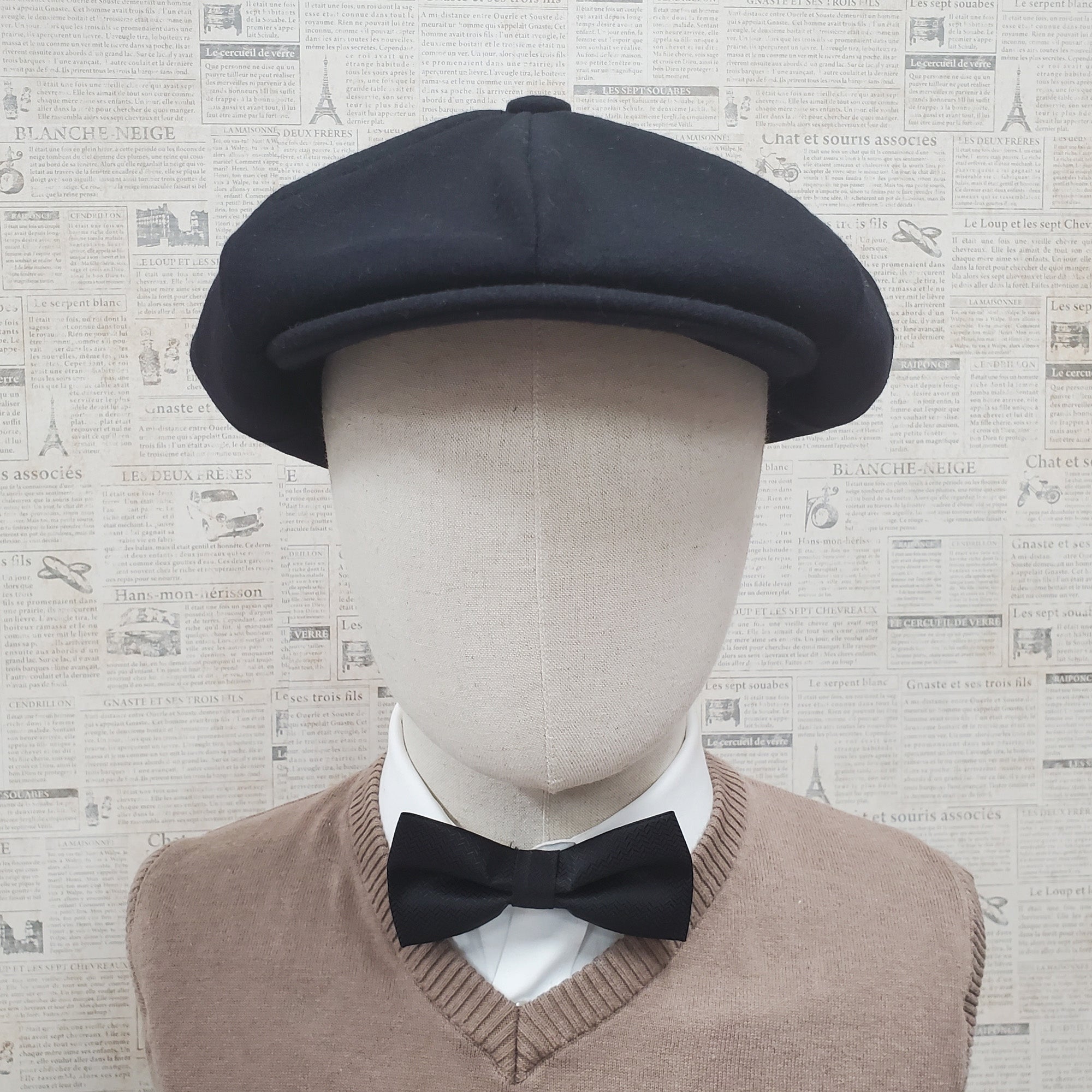 Wool Apple Newsboy Cap- Black