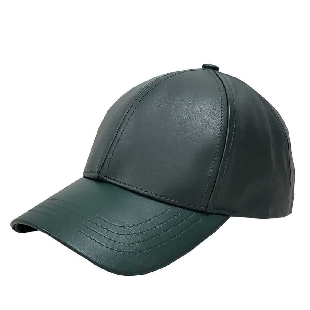 A green leather hat is shown on a white background.