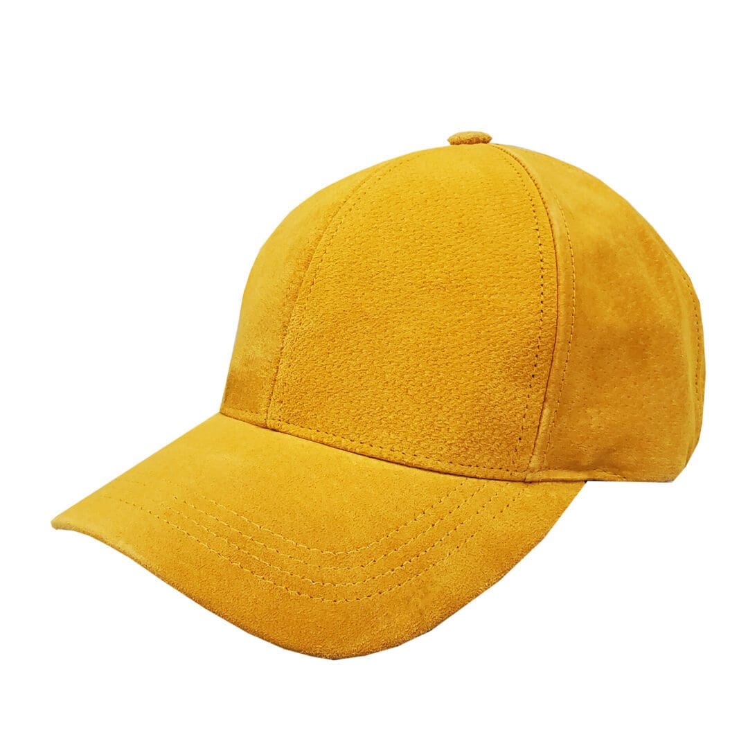 A yellow baseball cap is shown on a white background.