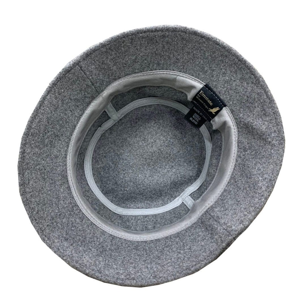 A gray hat with a black band around the brim.