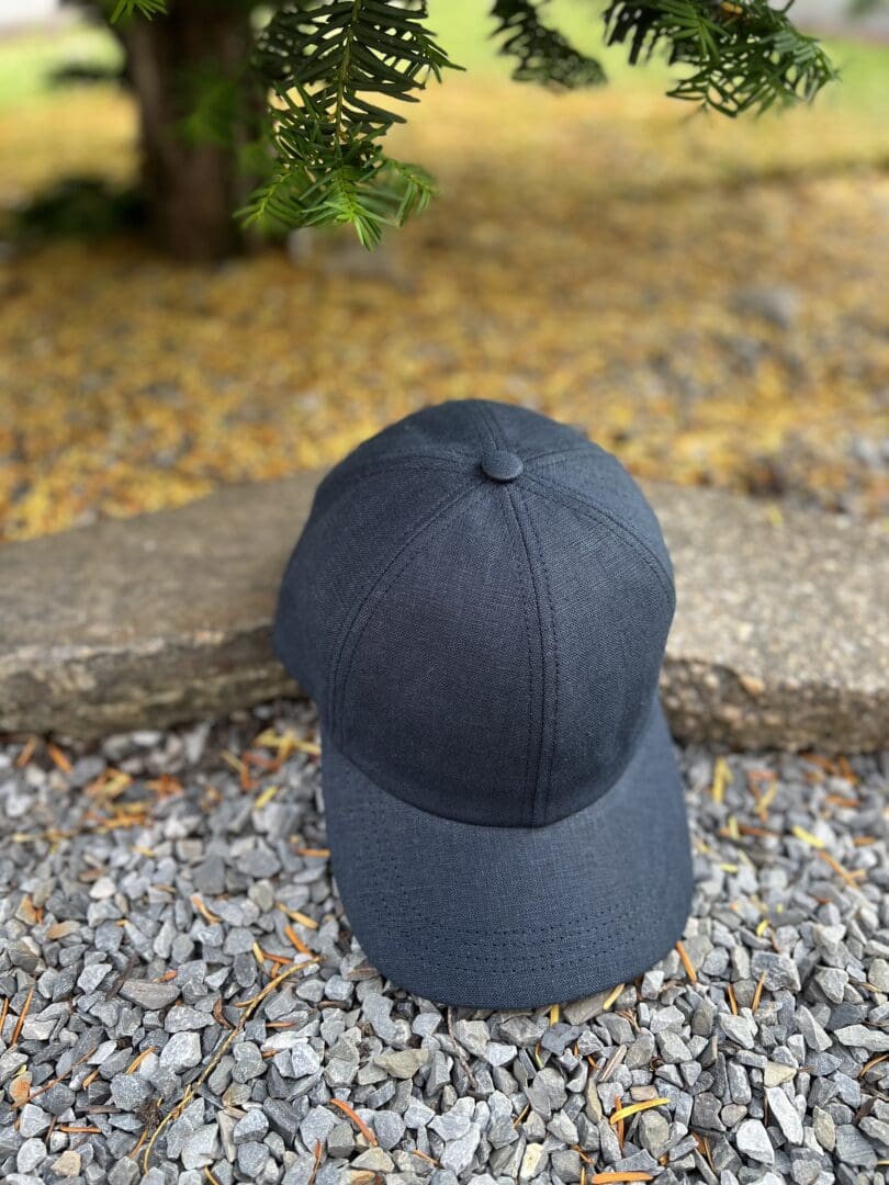 A black hat is laying on the ground