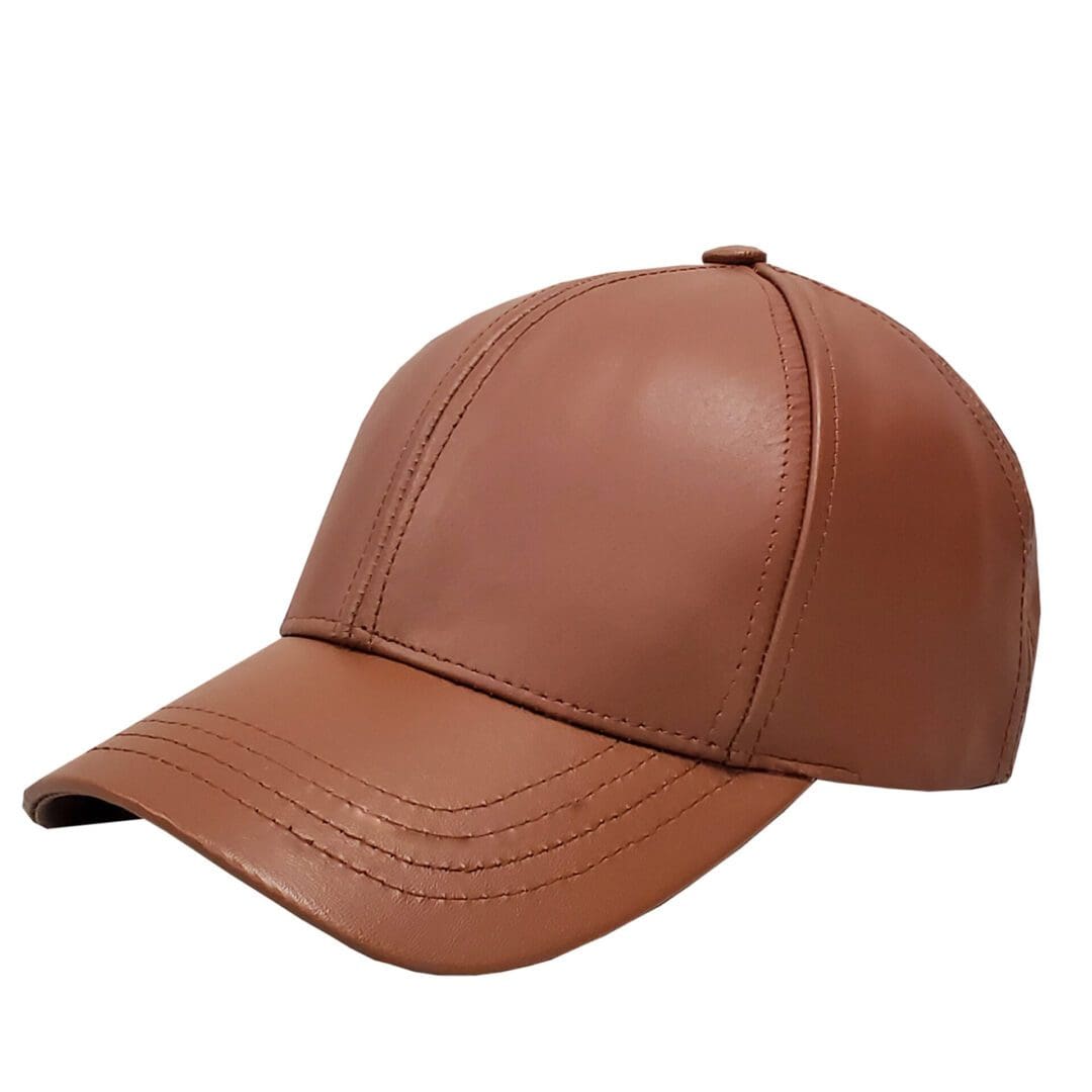 A brown leather hat is shown on a white background.