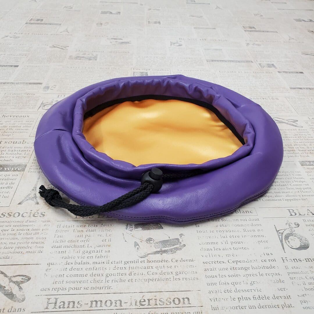 A purple bag with a yellow pillow inside of it