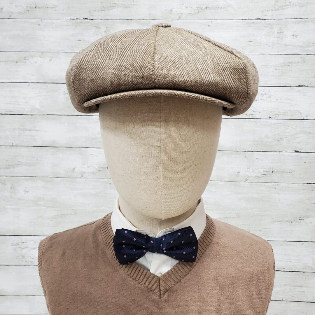 Brown Herringbone Linen Apple Newsboy Cap
