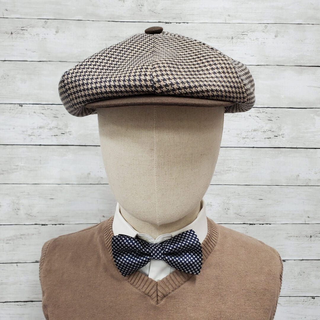 Brown Houndstooth Linen Apple Newsboy Cap