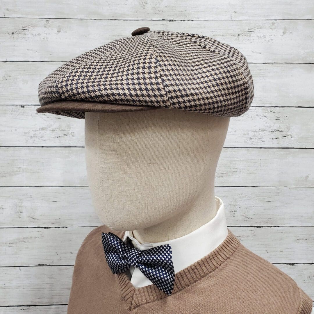 Brown Houndstooth Linen Apple Newsboy Cap side