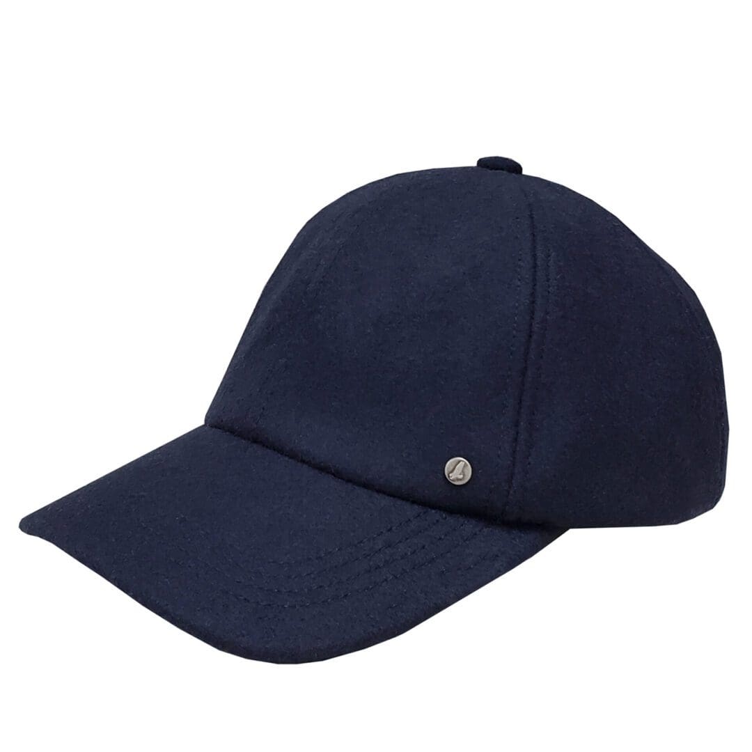 A baseball cap with a metal button on the front.