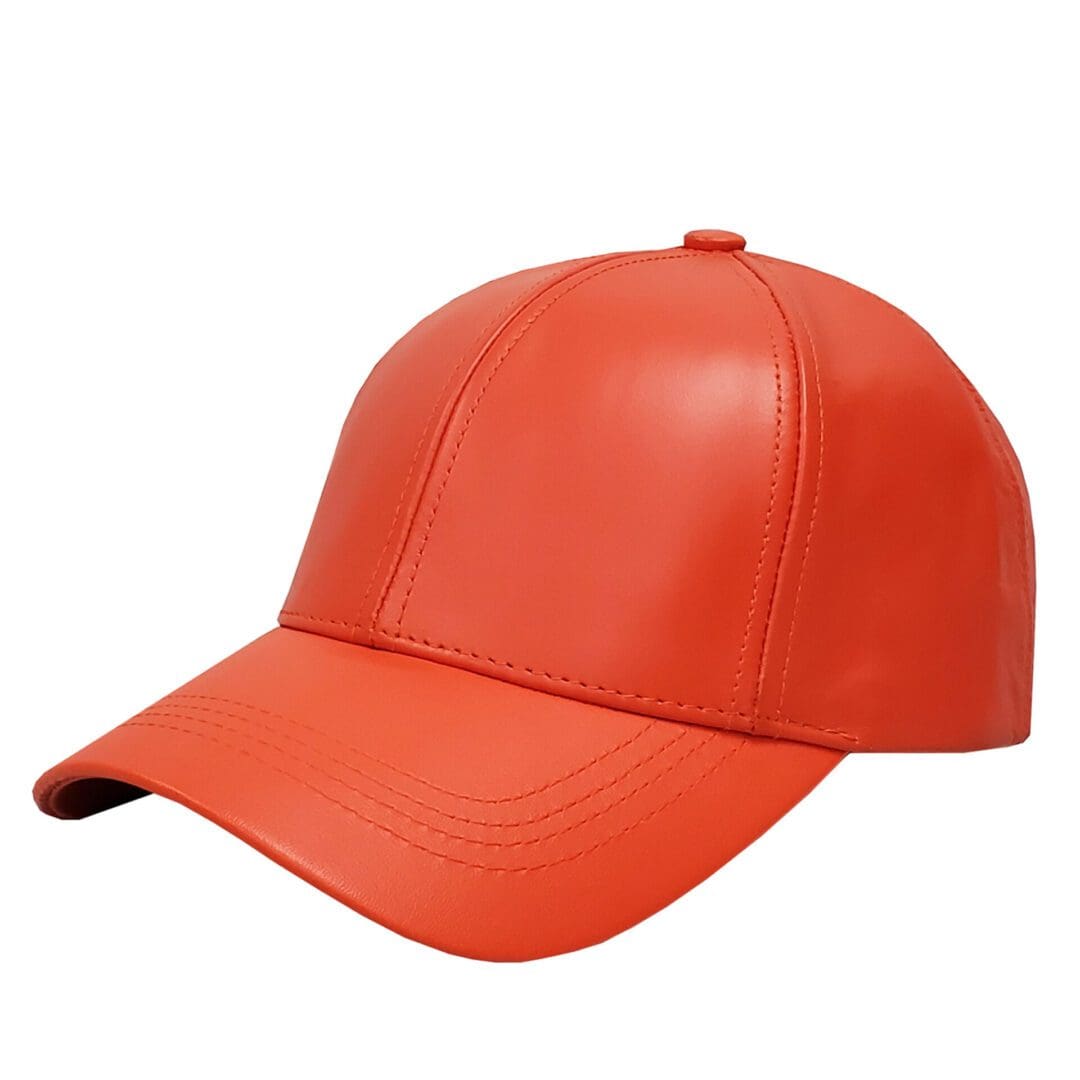 A red leather baseball cap is shown on a white background.