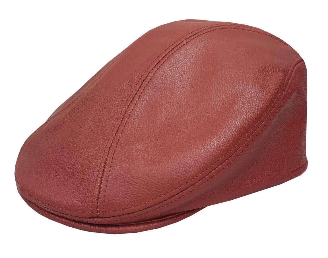 A red leather cap is shown on a white background.