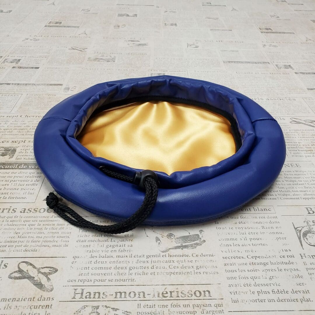 A blue and yellow dog bed on top of newspaper.
