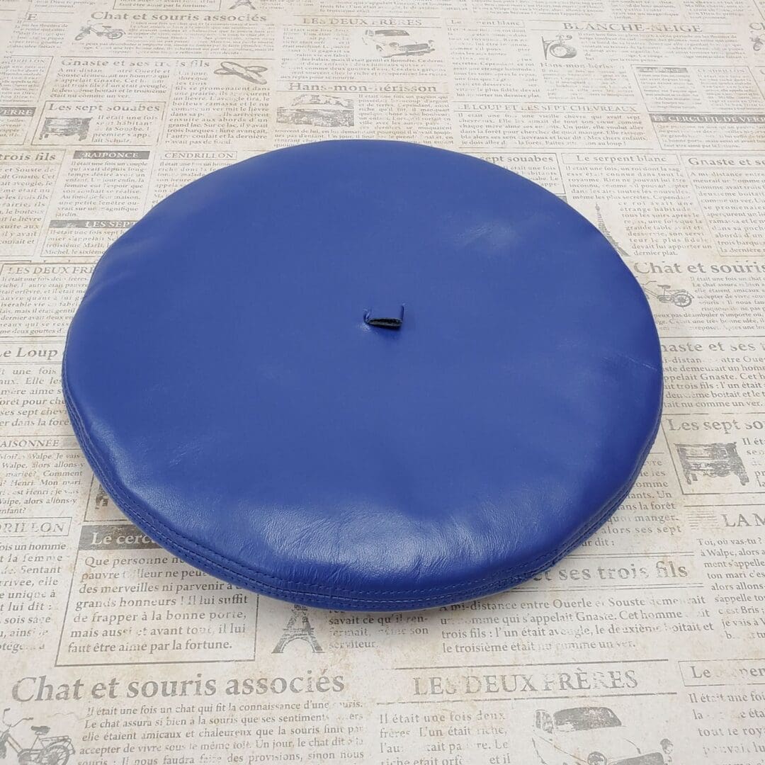 A blue frisbee sitting on top of newspaper.