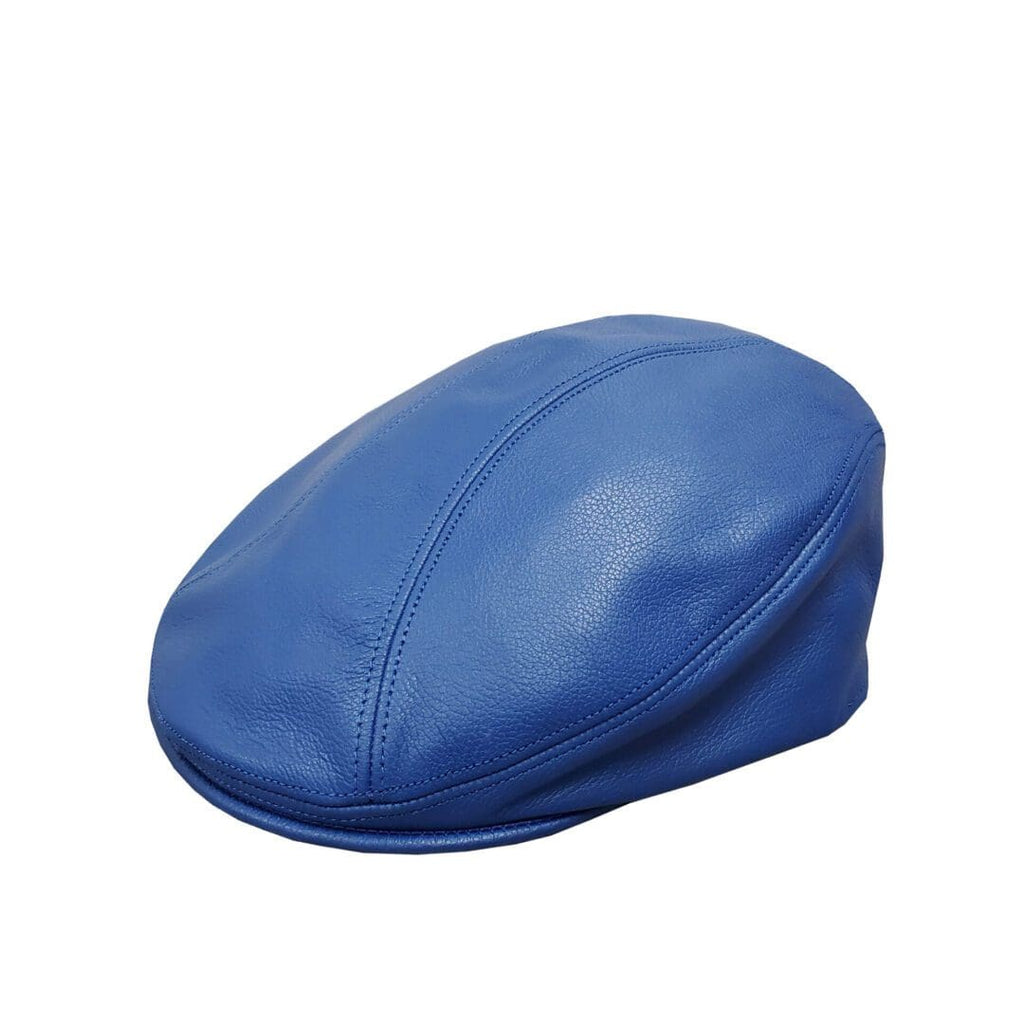 A blue leather cap is shown on a white background.