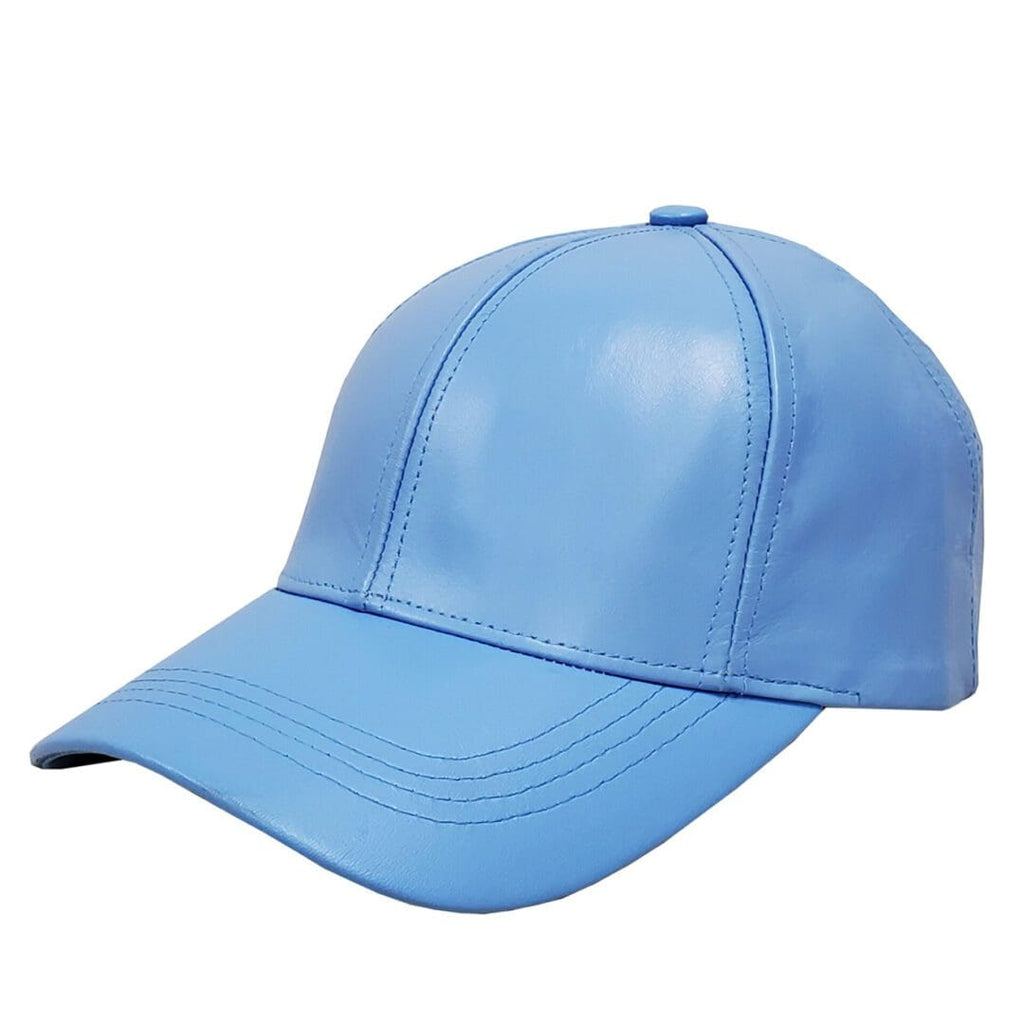 A light blue leather hat is shown on a white background.