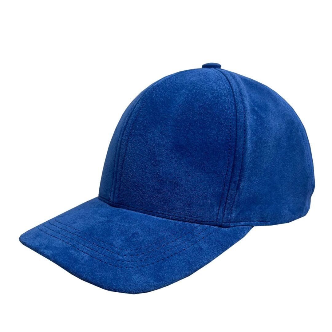 A blue baseball cap is shown on a white background.