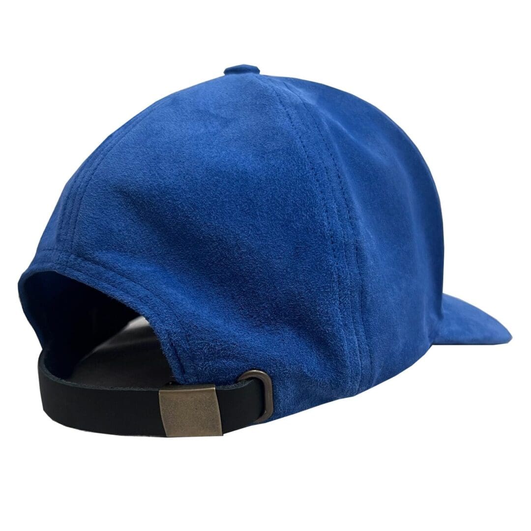 A blue hat with a strap around the brim.