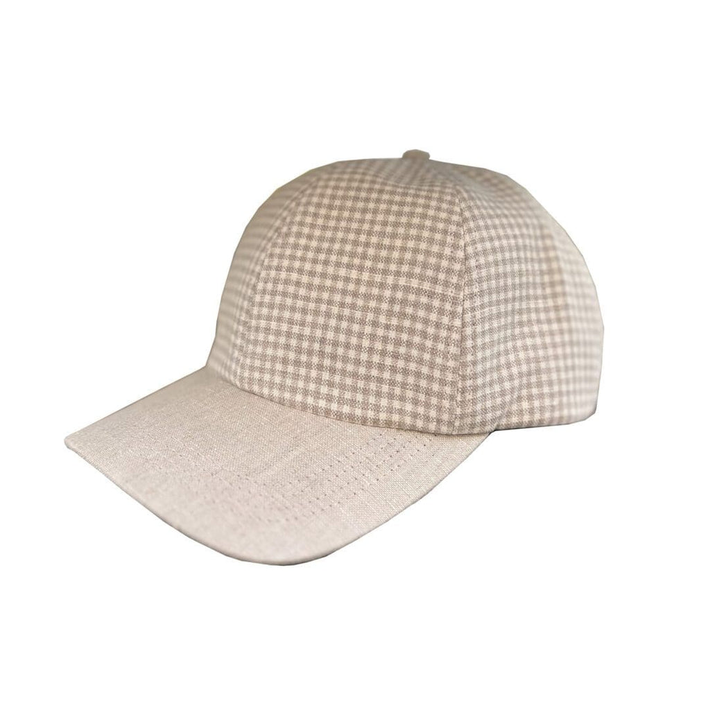 A baseball cap with a brown and white checkered pattern.