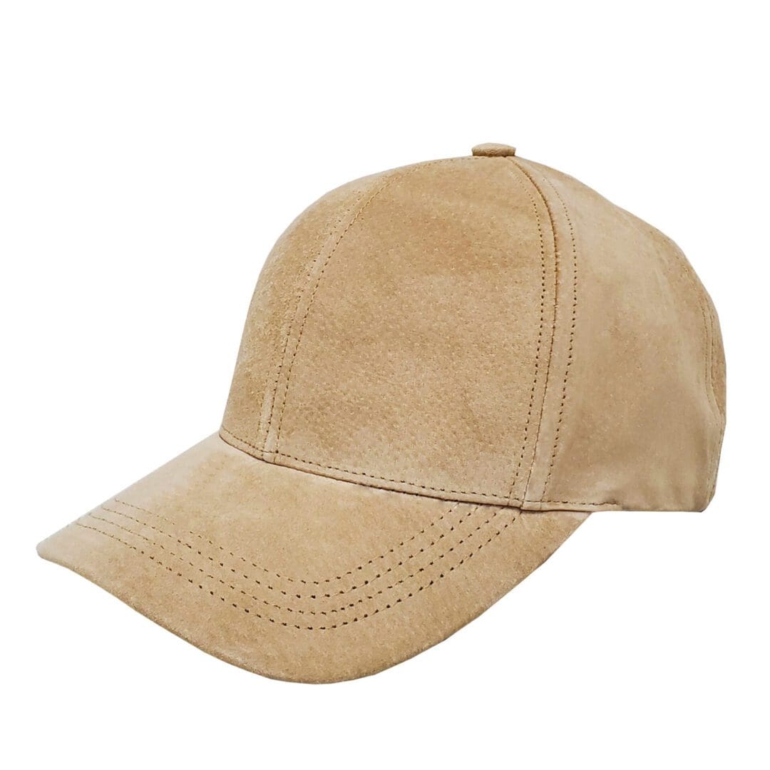 A tan baseball cap is shown on a white background.