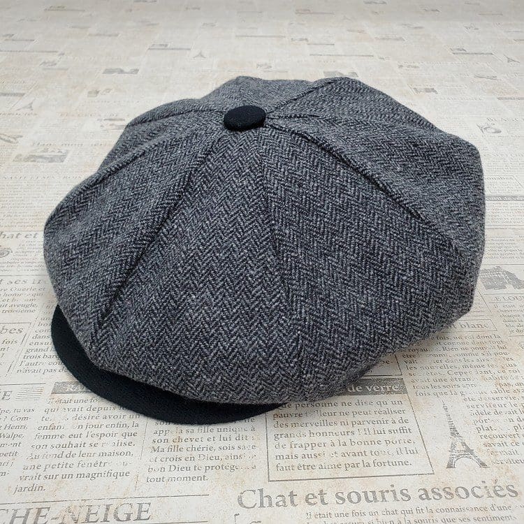 Charcoal Grey Herringbone Wool Apple Newsboy Cap