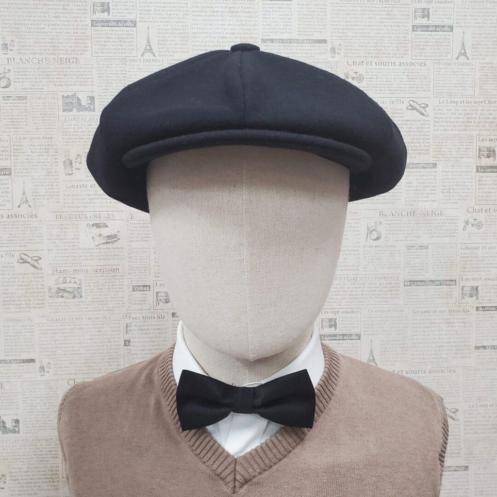 Black Wool Apple Newsboy Cap front