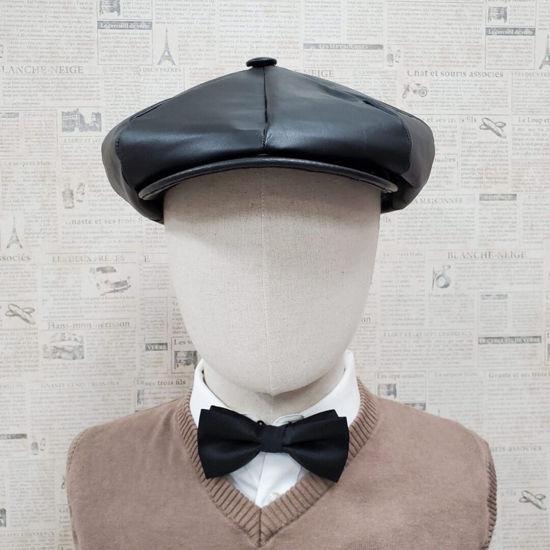 Black Cowhide Leather Apple Newsboy Cap front