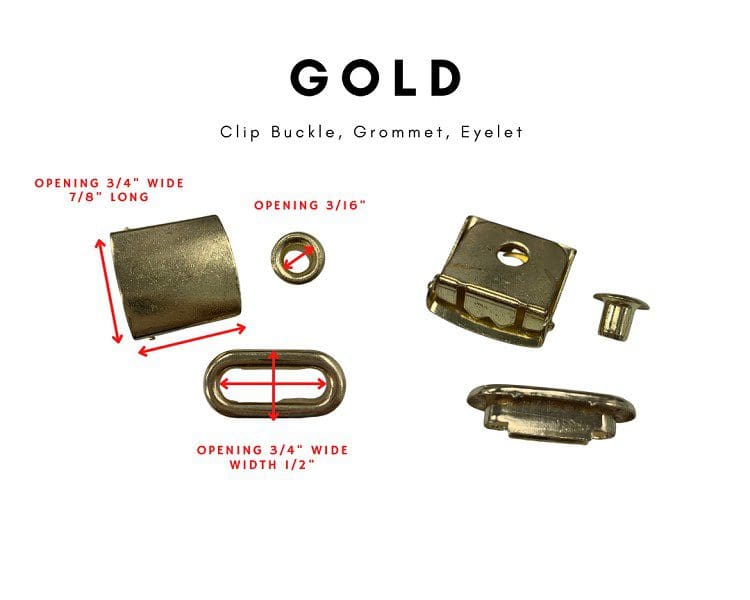 A gold clip buckle, grommet and eyelet.