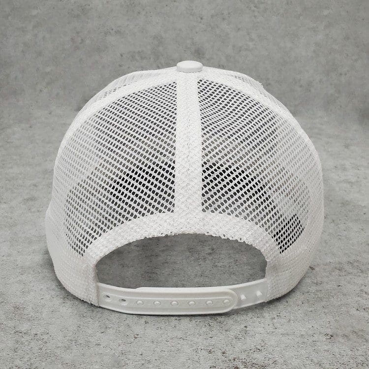 A white hat with a mesh back and a logo on it.
