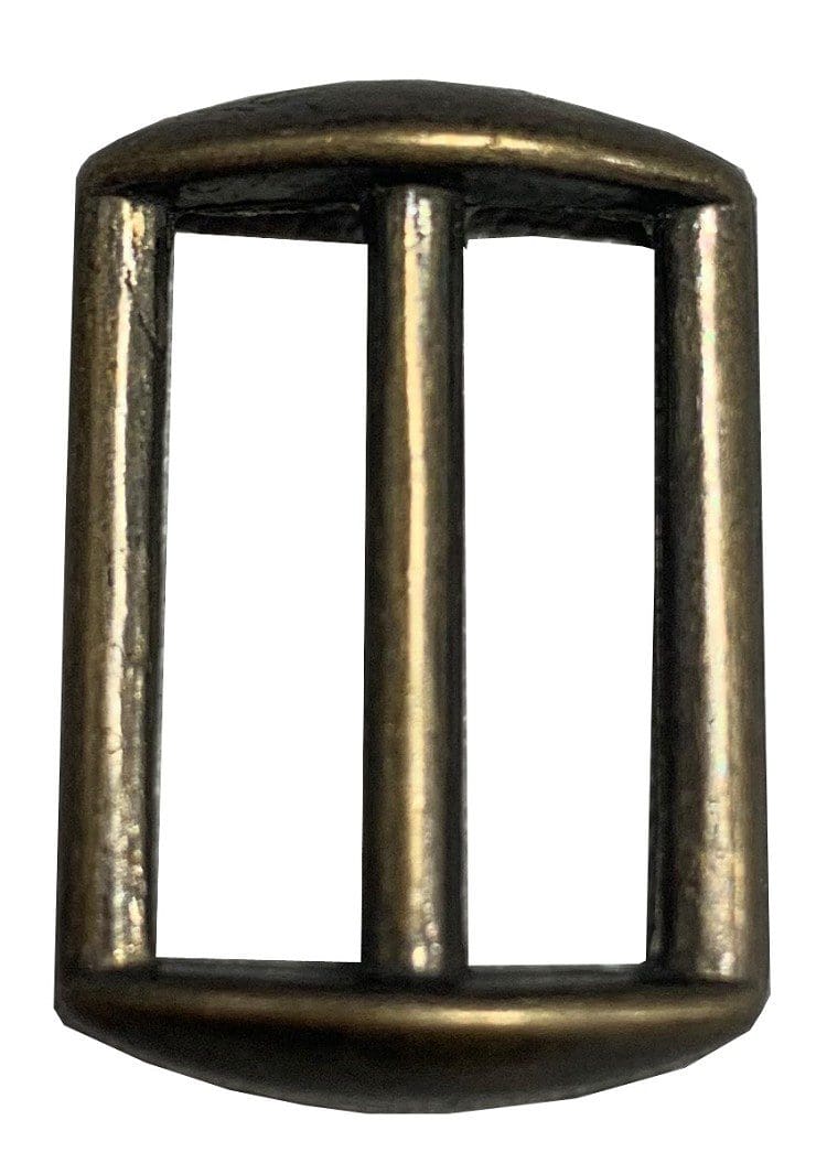 A metal buckle with two bars on it.