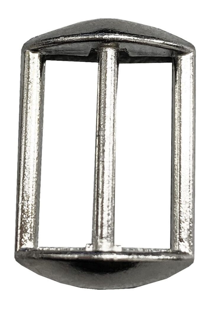 A silver metal buckle with two bars on it.