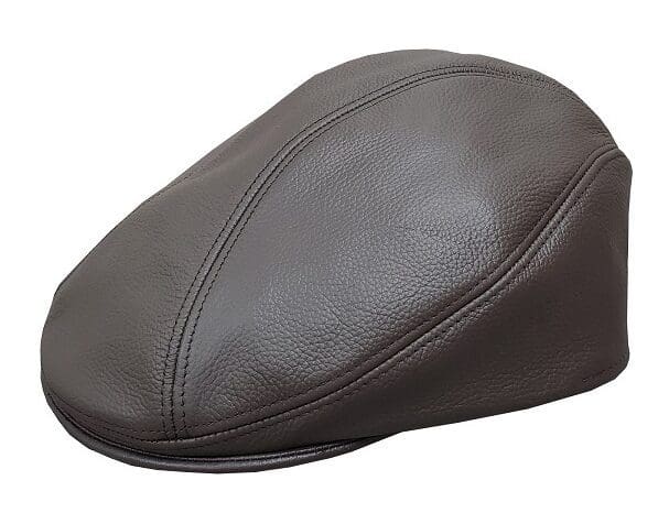A brown leather cap is shown on a white background.