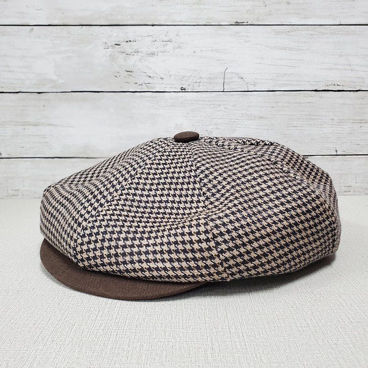 Brown Houndstooth Linen Apple Newsboy Cap