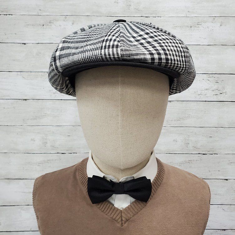 Black Plaid Linen Apple Newsboy Cap front