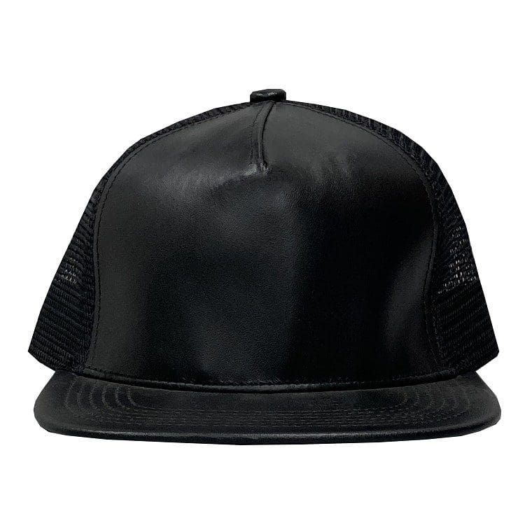 Black Leather High Profile Mesh Cap front