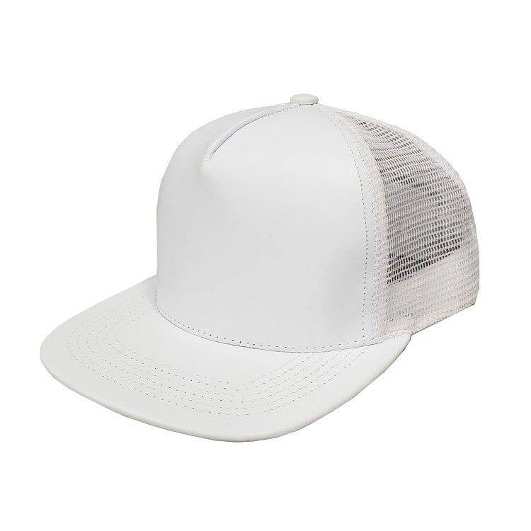 A white hat with a mesh back and a flat brim.