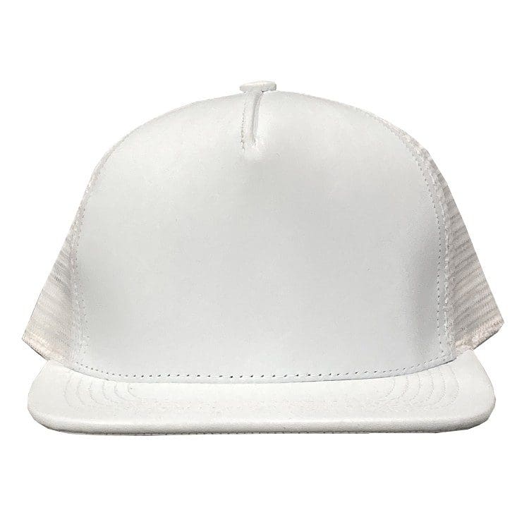 A white hat with a mesh back and front.