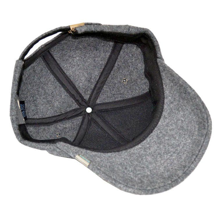 A gray hat with an open back and a black strap.