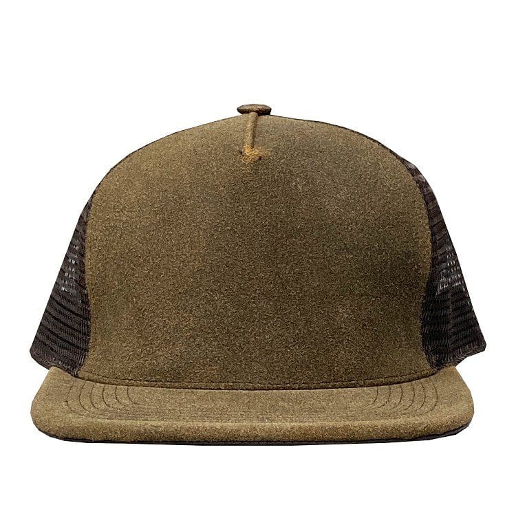 A brown hat with black mesh on top of it.