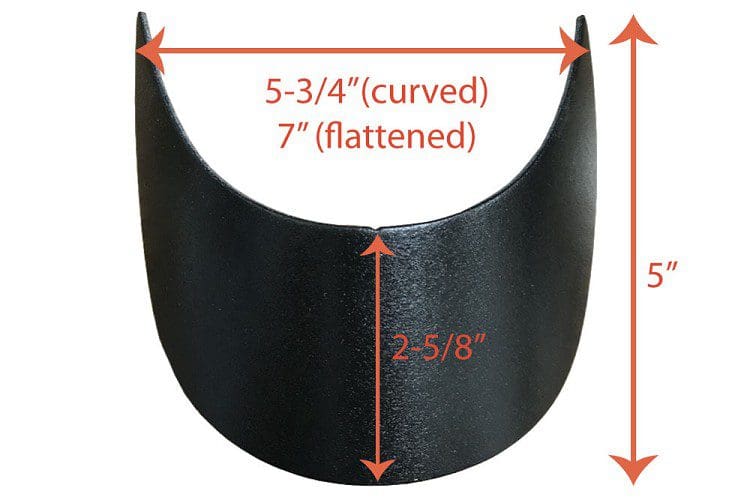 A black curved plastic hat with measurements.