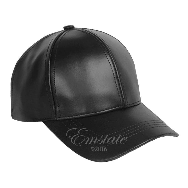 A black leather hat with emstate logo on it.