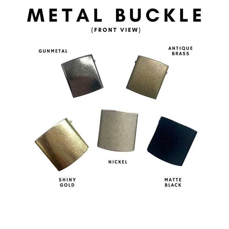 A metal buckle is shown with different colors.