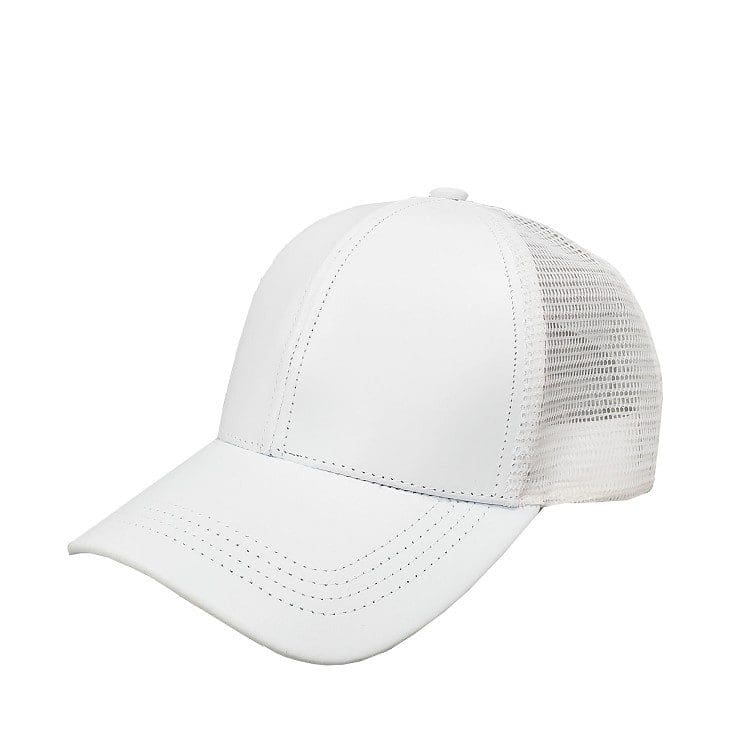 A white hat with a mesh back and a plain white cap.